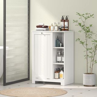 Mueble Portabianchería para Baño Con Cesto Extraíble, Armario Mueble Baño Ahorra Espacio, Mueble Lavandería Con Bolsa Portabianchería Plegable Y 3 Estantes, 60X38X86 Cm, Blanco
