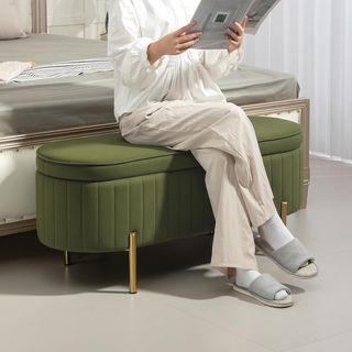 Banco Contenedor Entrada Ovalado 72L Diseño Estriado Con Tapa Elevable, Asiento Acolchado, Banco Pie de Cama Puff Cofre en Terciopelo y Estructura de Madera de Pino, 108X44X43.5Cm, Verde