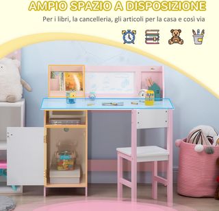 Conjunto Mesa y Sillas para Niños de 5-8 Años en Madera con Banco Escolar, Conjunto de Muebles para Niños con Espacio de Almacenamiento y Pizarra Blanca y Silla, Blanco y Rosa