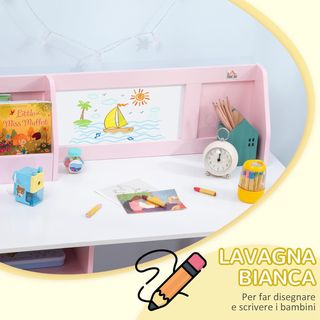 Conjunto Mesa y Sillas para Niños de 5-8 Años en Madera con Banco Escolar, Conjunto de Muebles para Niños con Espacio de Almacenamiento y Pizarra Blanca y Silla, Blanco y Rosa