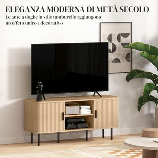 Mueble TV 55" Con 2 Armarios, 2 Estantes Y 2 Pasacables, Mueble Porta TV en Madera y Acero, para Sala de Estar y Dormitorio, 120X40X55 Cm, Roble y Negro