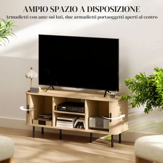Mueble TV 55" Con 2 Armarios, 2 Estantes Y 2 Pasacables, Mueble Porta TV en Madera y Acero, para Sala de Estar y Dormitorio, 120X40X55 Cm, Roble y Negro