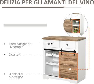 Credenza Con 2 Cajones, Estantes Abiertos Y Soporte Para Botellas, Credenza De Cocina Rústica En Madera Y Metal, 80X39X86 Cm, Blanco Y Color Madera