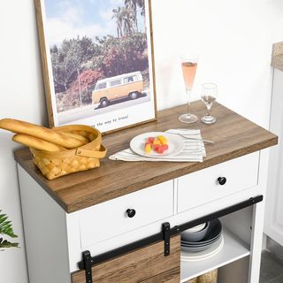 Credenza Con 2 Cajones, Estantes Abiertos Y Soporte Para Botellas, Credenza De Cocina Rústica En Madera Y Metal, 80X39X86 Cm, Blanco Y Color Madera