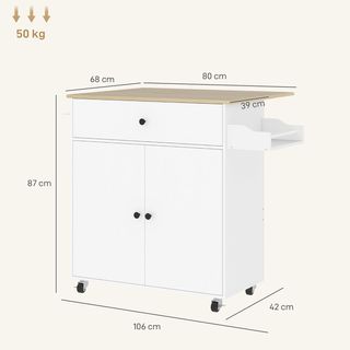 Isla de Cocina Con Mesa Plegable, Cajón, Armario de 2 Puertas, Porta Especias y Porta Toallas, Mueble de Cocina Con Estante Regulable y Ruedas con Freno, 106X42X87 Cm, Blanco