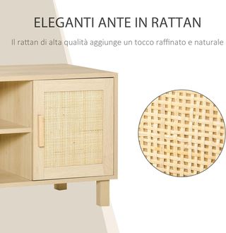 Mueble Porta TV Con Compartimentos Abiertos Y Puertas De Ratán, Mueble Para TV Hasta 50'', 115X40X48Cm, Color Madera