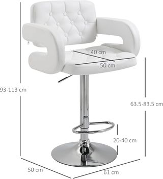 Taburete Alto De Bar Con Respaldo Y Apoyabrazos, Taburete De Cocina Moderno Giratorio Con Altura Regulable Y Reposapiés, En Cuero Sintético, 61X50X93-113Cm, Blanco