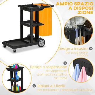 Carro de Limpieza Profesional de 3 Estantes con Ganchos para Escoba y Saco de 100L, Carro con Ruedas Multiusos de Plástico para Hotel, Albergue y Restaurante, 121X50.5X96.5 Cm, Negro
