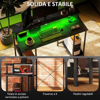 Escritorio Reversible con Estantes, 120X50 Cm Escritorio de Oficina con Tomas de Corriente y Luces LED, Mesa para PC de Estudio con Doble Soporte para Monitor, Negro