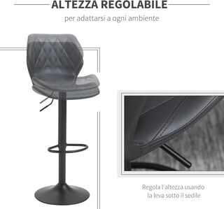 Juego De 2 Taburetes Altos De Bar En Piel Sintética Con Altura Regulable, Taburetes De Cocina Giratorios Con Respaldo Y Reposapiés, 46.5X49.5X92-113Cm Gris