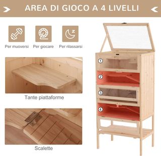 Jaula para Roedores y Hámsters con 4 Estantes y Techo Abatible de Madera 60X40X120Cm