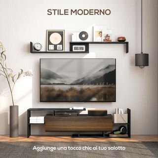 Mueble de TV con estante de pared, estantes abiertos y armario de madera, mueble de TV moderno para sala de estar y dormitorio, negro y marrón