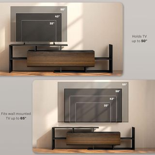 Mueble de TV con estante de pared, estantes abiertos y armario de madera, mueble de TV moderno para sala de estar y dormitorio, negro y marrón