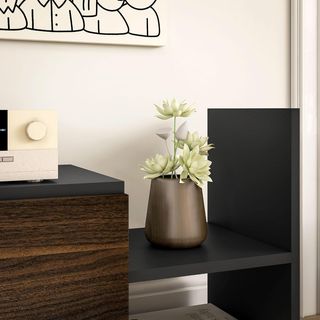 Mueble de TV con estante de pared, estantes abiertos y armario de madera, mueble de TV moderno para sala de estar y dormitorio, negro y marrón