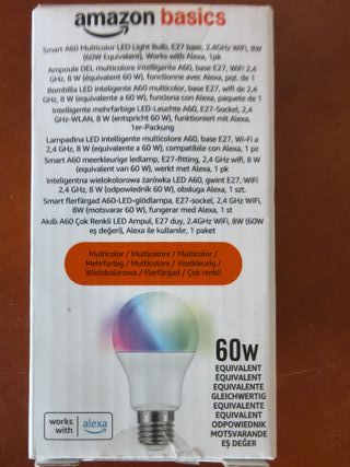 Amazon Basics Smart Bombilla led multicolor, casquillo E27, 8W (equivalente a 60W), funciona solo con Alexa, 1 paquete