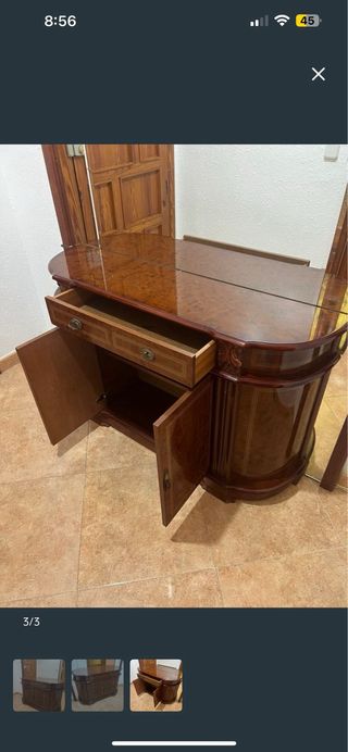 Mueble recibidor madera y dorado con espejo