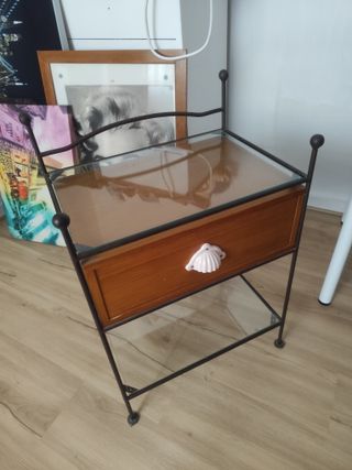 Mesita hierro forjado, madera y cristal