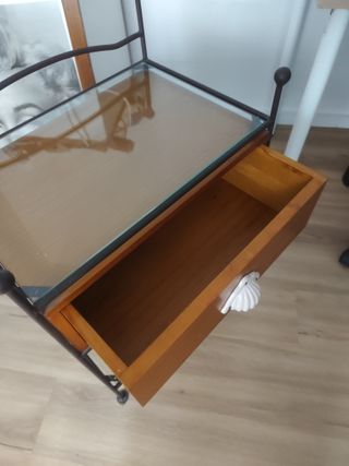 Mesita hierro forjado, madera y cristal