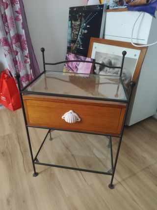 Mesita hierro forjado, madera y cristal