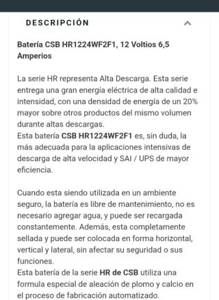 Batería 12V 6.5Ah CSB HR 1224W F2