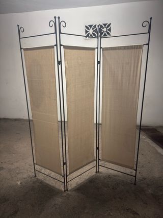 Biombo de forja y tela beige 185 x 150 cm