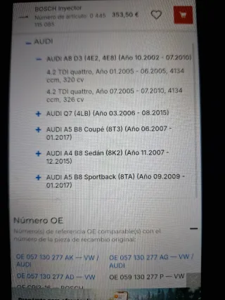 Inyector Bosch para Audi