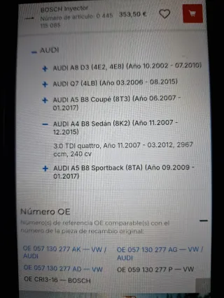 Inyector Bosch para Audi