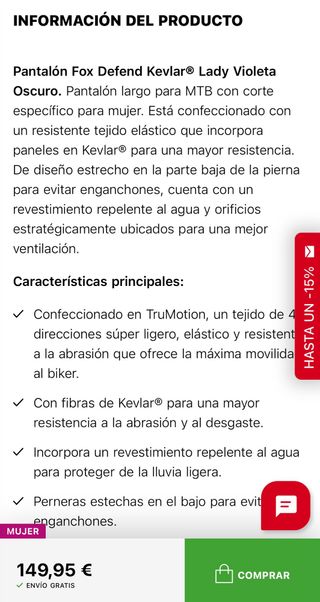 Pantalón Bici Mujer Fox Defend Pant Kevlar Talla M