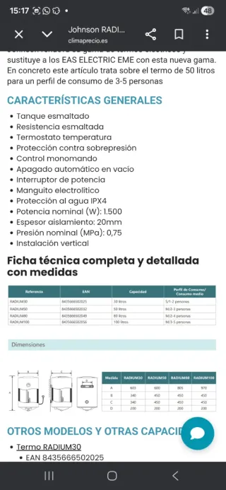 Termo Eléctrico Johnson 100L RADIUM100