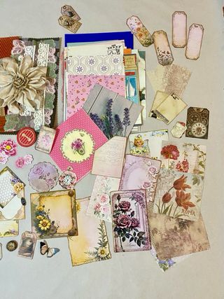 Lote 63 papeles y elementos Junkjournal (+130 pcs)