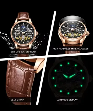 Reloj Automático LIGE Hombre Marrón/Dorado