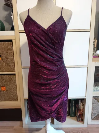 Vestido fiesta rosa brillo azul drapeado