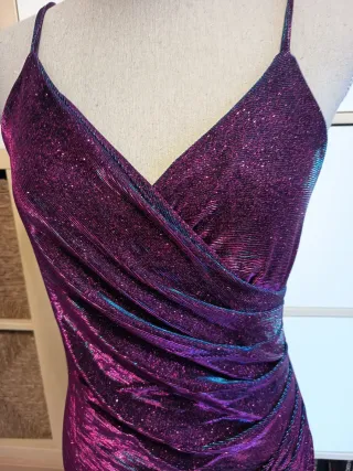 Vestido fiesta rosa brillo azul drapeado