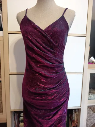 Vestido fiesta rosa brillo azul drapeado