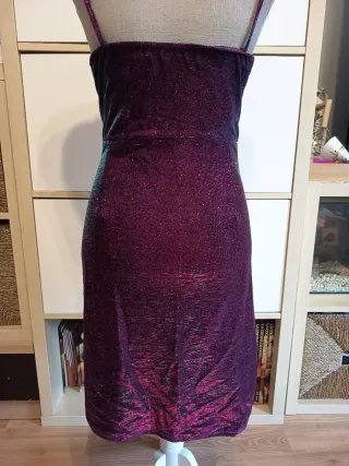 Vestido fiesta rosa brillo azul drapeado