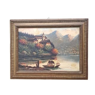 Dipinto a olio su tela raffigurante Lago di Como