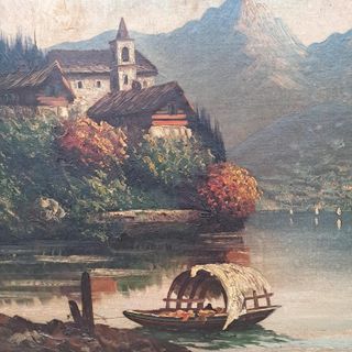 Dipinto a olio su tela raffigurante Lago di Como