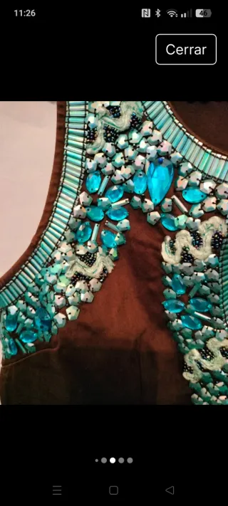 Vestido vintage bordado marrón y turquesa