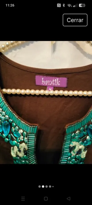 Vestido vintage bordado marrón y turquesa