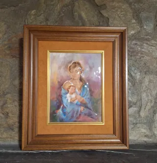 Cuadro esmalte madre e hijo, marco madera