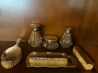 Conjunto tocador vintage vidrio y alpaca