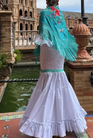 Vestido Flamenca Blanco y Turquesa