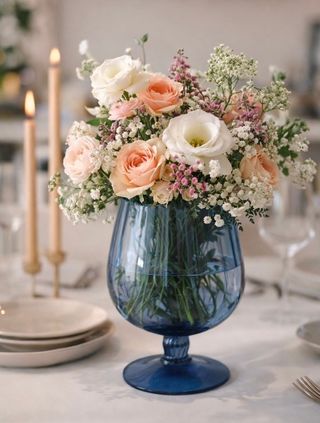 Jarrón de cristal azul tipo copa