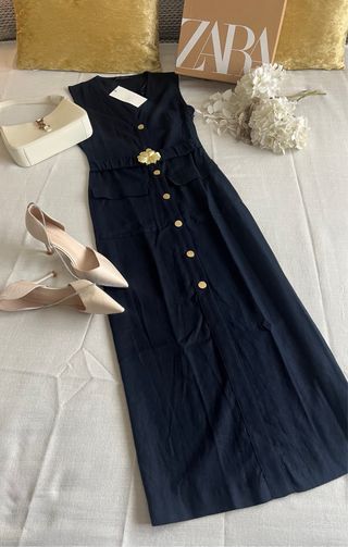 Vestido Zara Midi Lino Botones Dorados