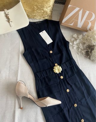 Vestido Zara Midi Lino Botones Dorados