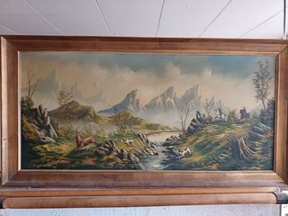 Cuadro antiguo paisaje de caza – óleo enmarcado.