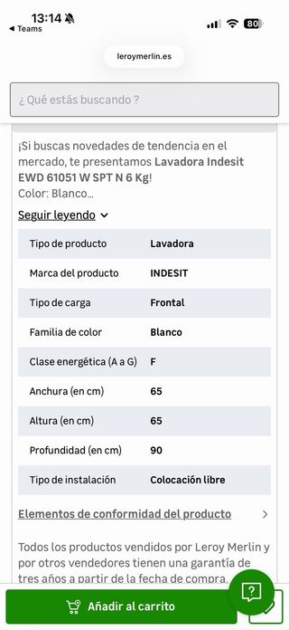 Lavadora Indesit 6 kg seminueva