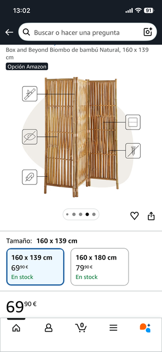 Biombo Bambú Natural 160x139cm Nuevo
