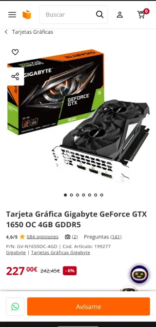 Tarjeta Gráfica Gigabyte GTX 1650 OC 4GB