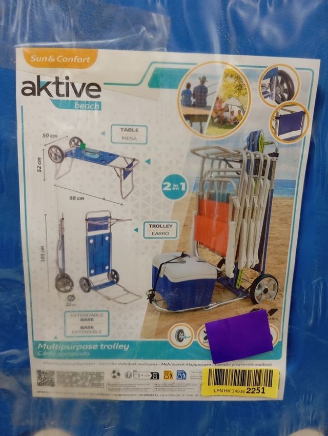 Carro y mesa de Playa Plegable azul con ruedas